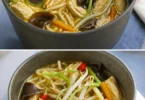Soupe chinoise au poulet chaude et savoureuse dans un bol.