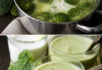 Soupe de brocolis au lait de coco servie dans un bol coloré.