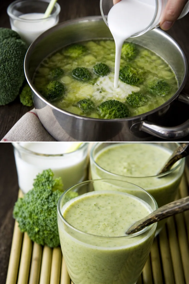 Soupe de brocolis au lait de coco servie dans un bol coloré.