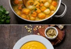 Soupe de potimarron crémeuse au lait de coco, garnie de graines et d'herbes.