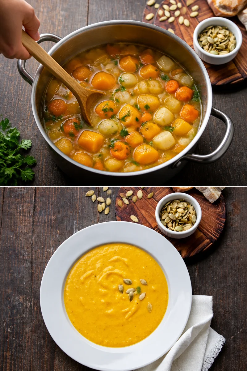 Soupe de potimarron crémeuse au lait de coco, garnie de graines et d'herbes.