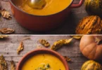 Bol de soupe de potiron et châtaigne garnie de crème et de graines grillées.