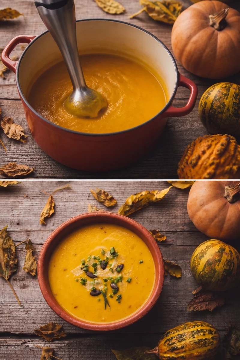 Bol de soupe de potiron et châtaigne garnie de crème et de graines grillées.