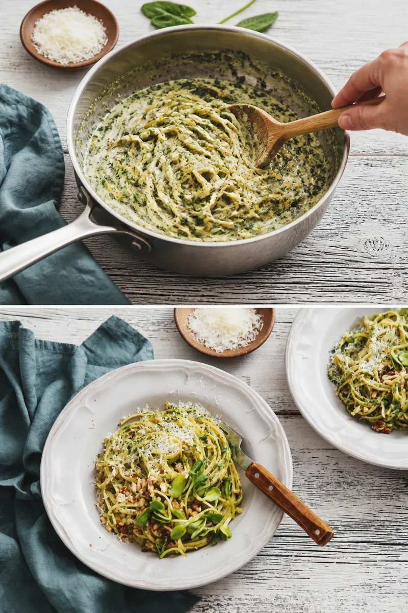 Tagliatelles à la crème d'épinards sur une assiette