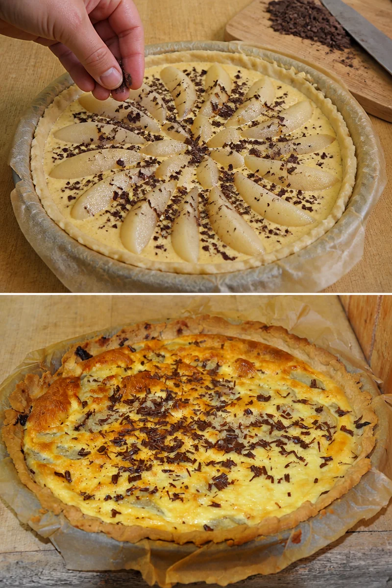 Tarte Amandine Poire Chocolat garnie de poires et de chocolat