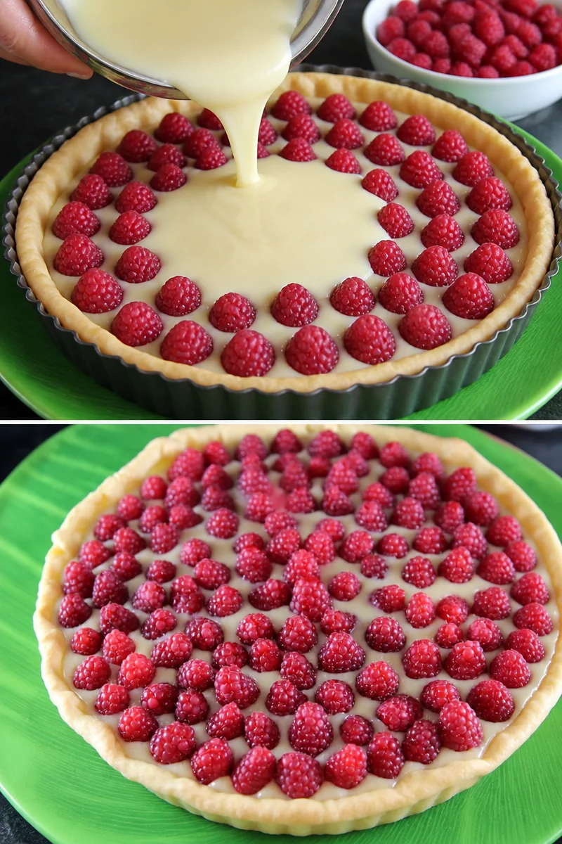 Tarte au chocolat blanc décorée de framboises fraîches