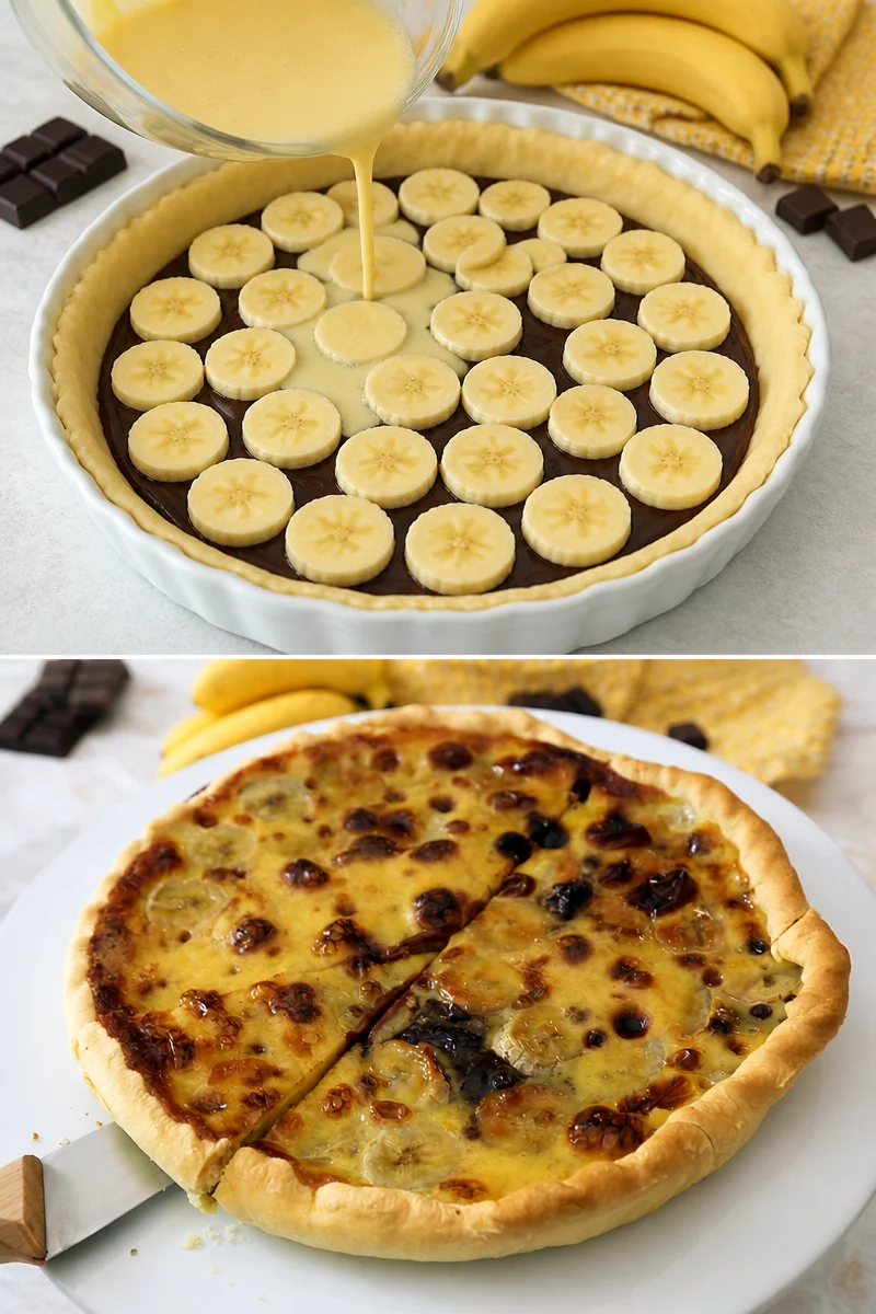 Tarte bananes chocolat garnie de tranches de banane et de chocolat fondant.