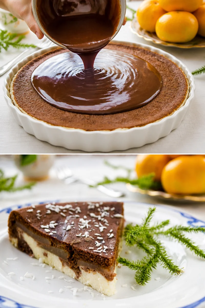 Tarte chocolat coco garnie de chocolat noir et noix de coco râpée.