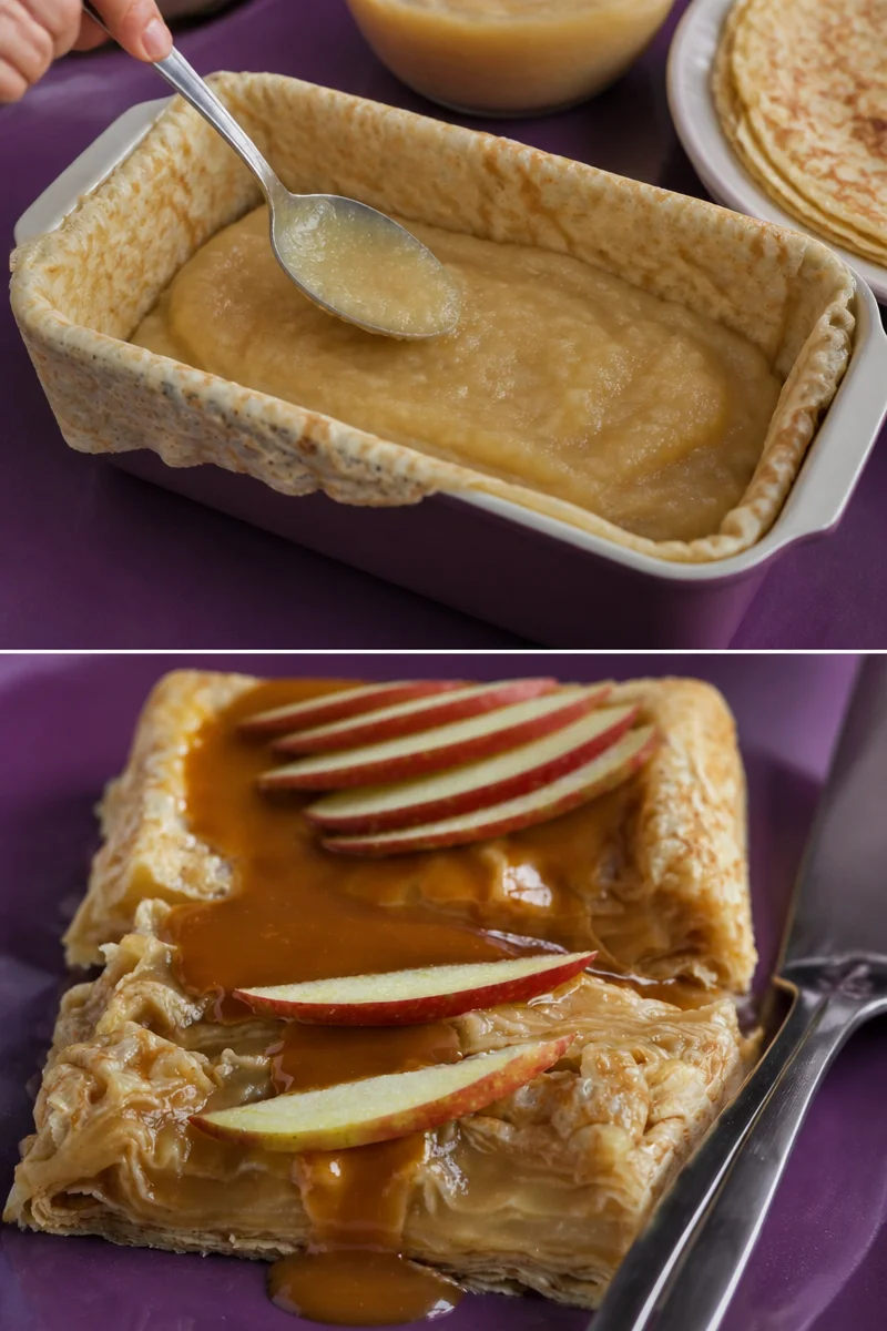 Terrine de crêpes aux pommes, au caramel et au beurre salé présentée en tranches