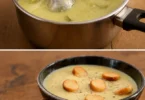 Bol de velouté de courgette crémeux, garni de croûtons et de persil frais