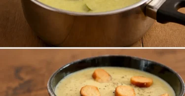 Bol de velouté de courgette crémeux, garni de croûtons et de persil frais