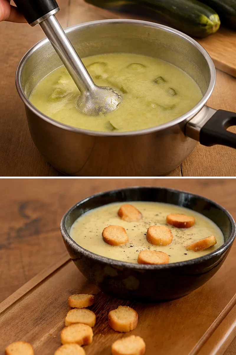 Bol de velouté de courgette crémeux, garni de croûtons et de persil frais
