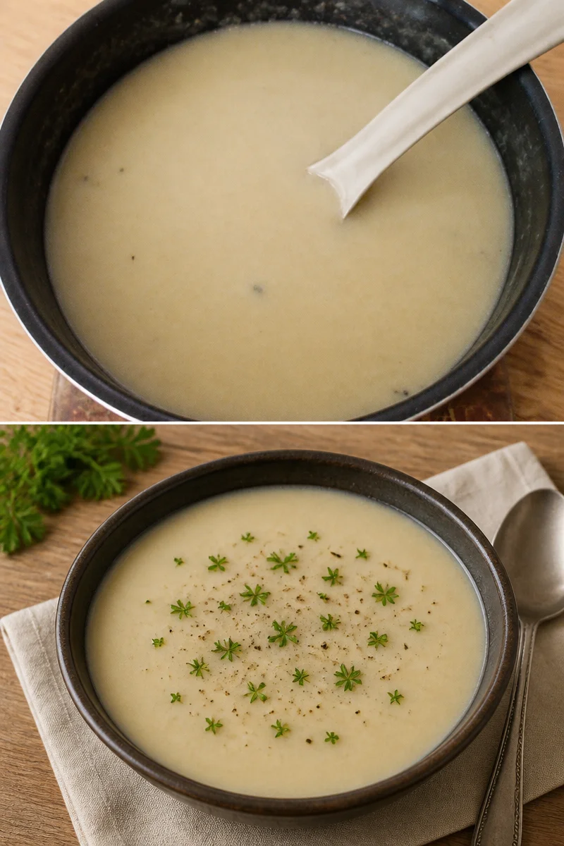 Velouté d'endive crémeux dans un bol avec herbes fraîches