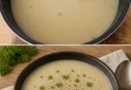 Bol de velouté d'endive crémeux et savoureux garnie d'herbes fraîches.