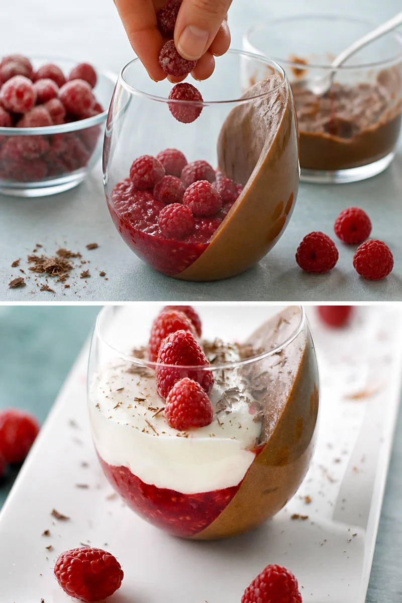 Verrine de mousse aux 2 chocolats et framboises, dessert élégant et savoureux