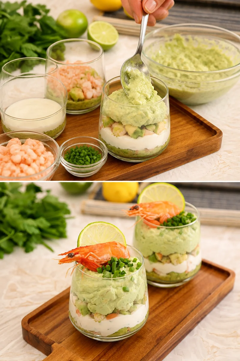 Verrines avocats crevettes et fromage frais présentées sur une table